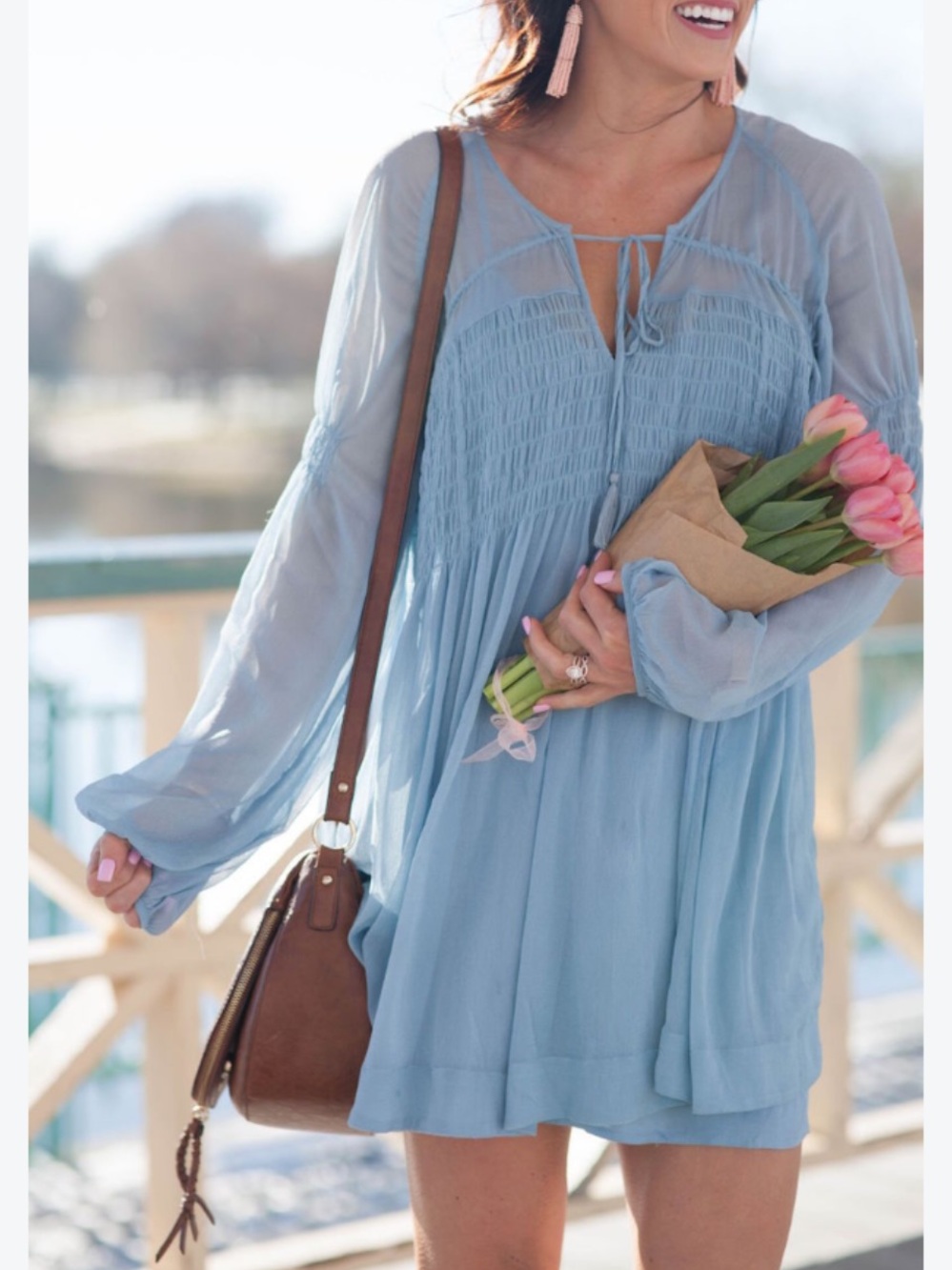 Free People Lini Smocked Dress cottage country renfest Light Blue Size S